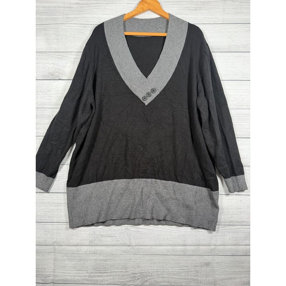BloomChic Womens 3X 22-24 Black Gray V Neck Button Accent Sweater 4233
